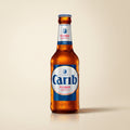 Carib Pilsner bottle on a bone studio surface