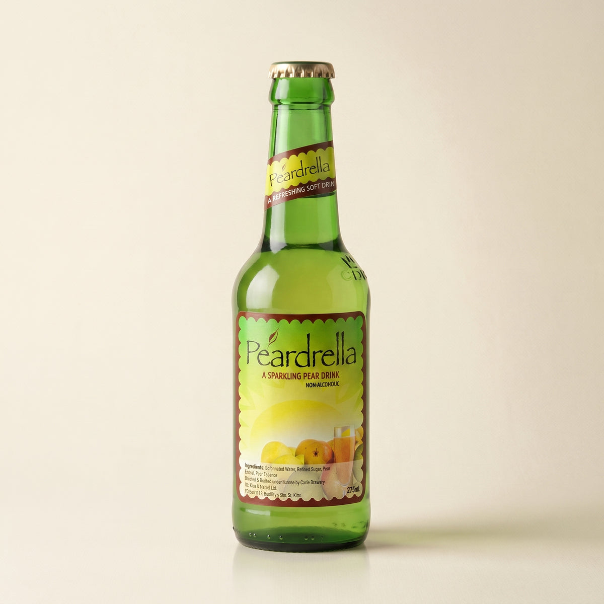 Peardrella sparkling pear drink bottle on a bone studio surface