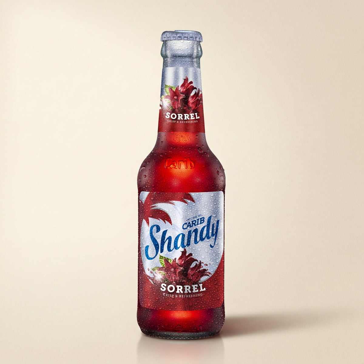 Carib Shandy Sorrel bottle on a bone studio surface