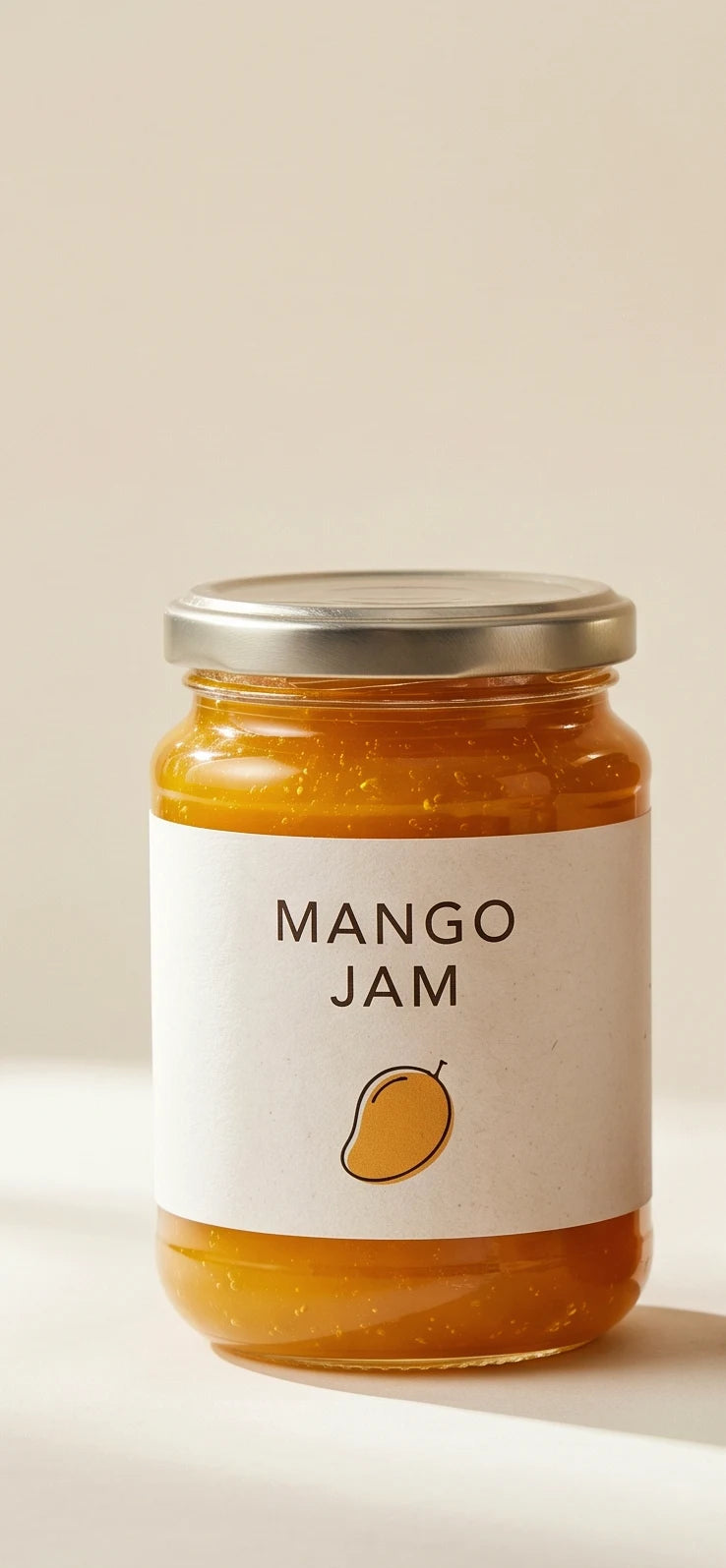 Bellyful Mango Jam: a jar of golden mango jam with a cream label.