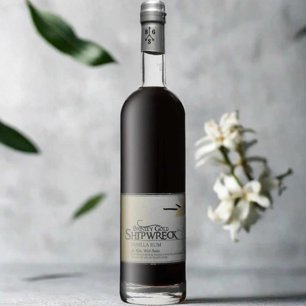 Brinley Gold Shipwreck Vanilla Rum - styled with vanilla and leaves, 750ml, 36% ABV, St. Kitts