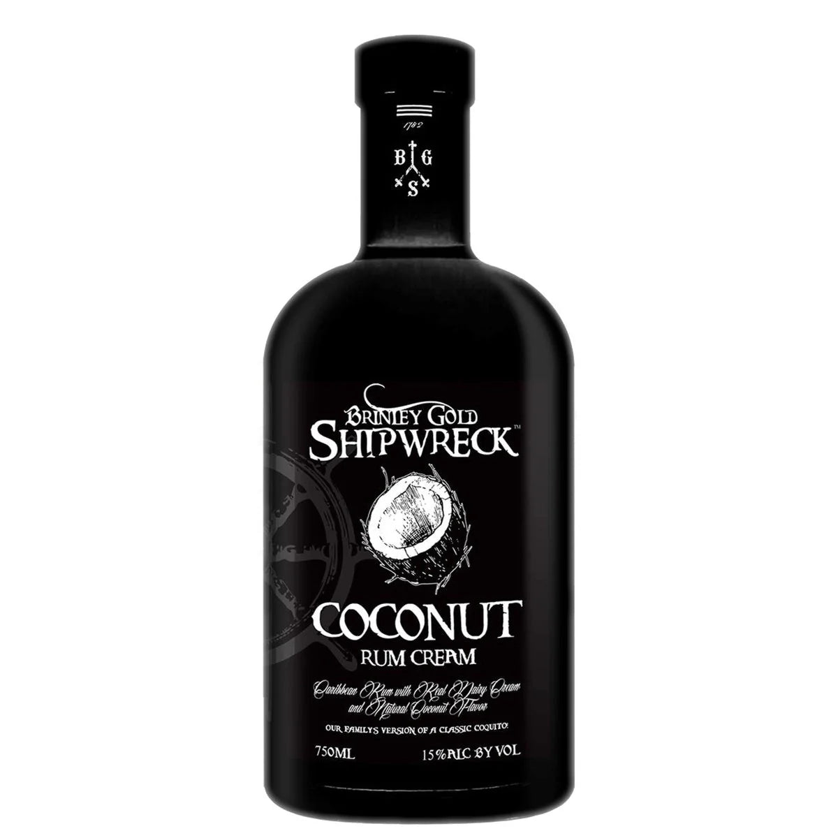 Brinley Gold Shipwreck Coconut Rum Cream - black bottle, 750ml, 15% ABV, St. Kitts