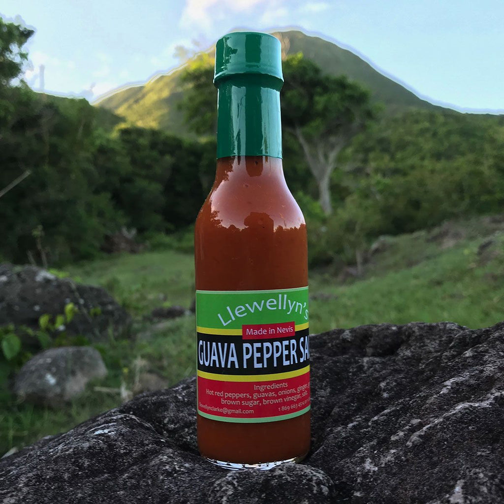 Llewellyn's Guava Pepper Sauce, 148ml bottle made in Rawlins Village, Nevis.
