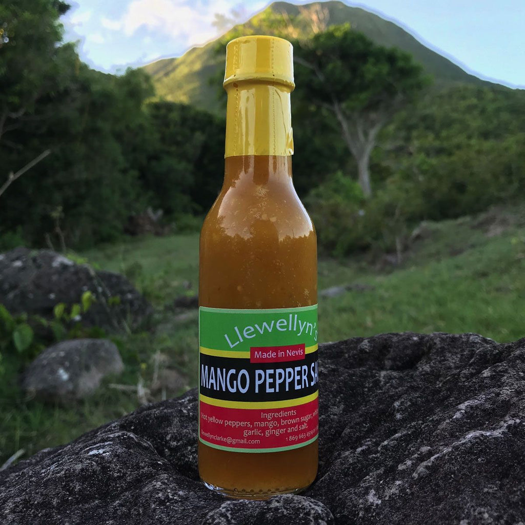 Llewellyn's Mango Pepper Sauce, 148ml bottle made in Rawlins Village, Nevis.