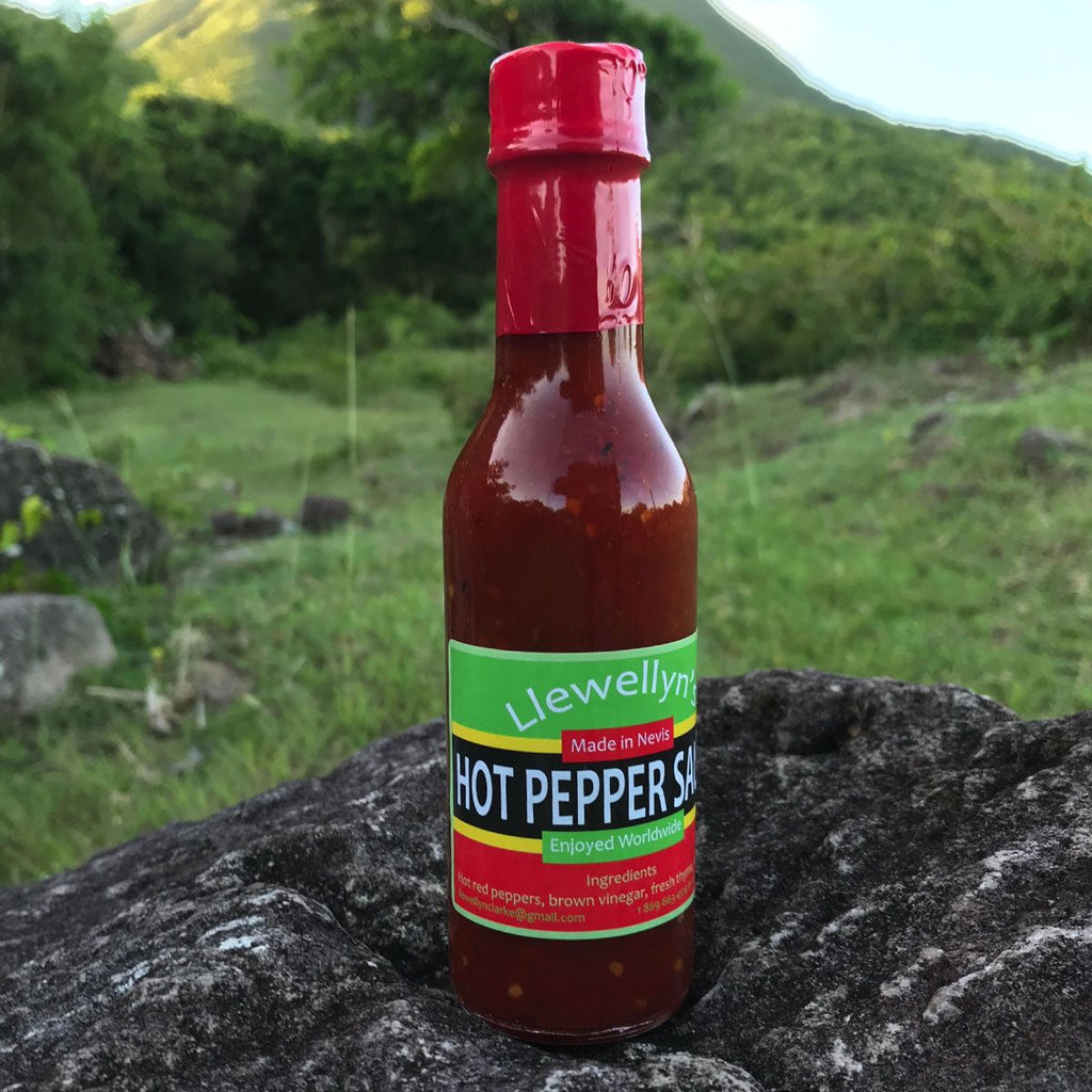 Llewellyn's Hot Pepper and Thyme Sauce, 148ml bottle made in Rawlins Village, Nevis.